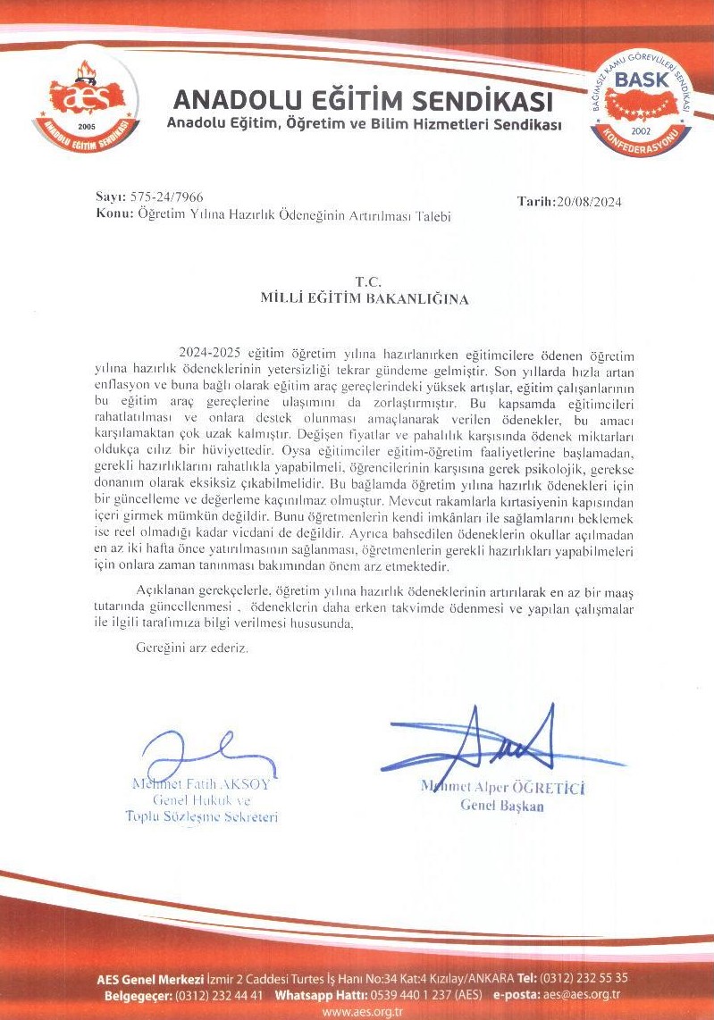 Öğretim Yılına Hazırlık Ödeneğinin Artırılması Talebi
