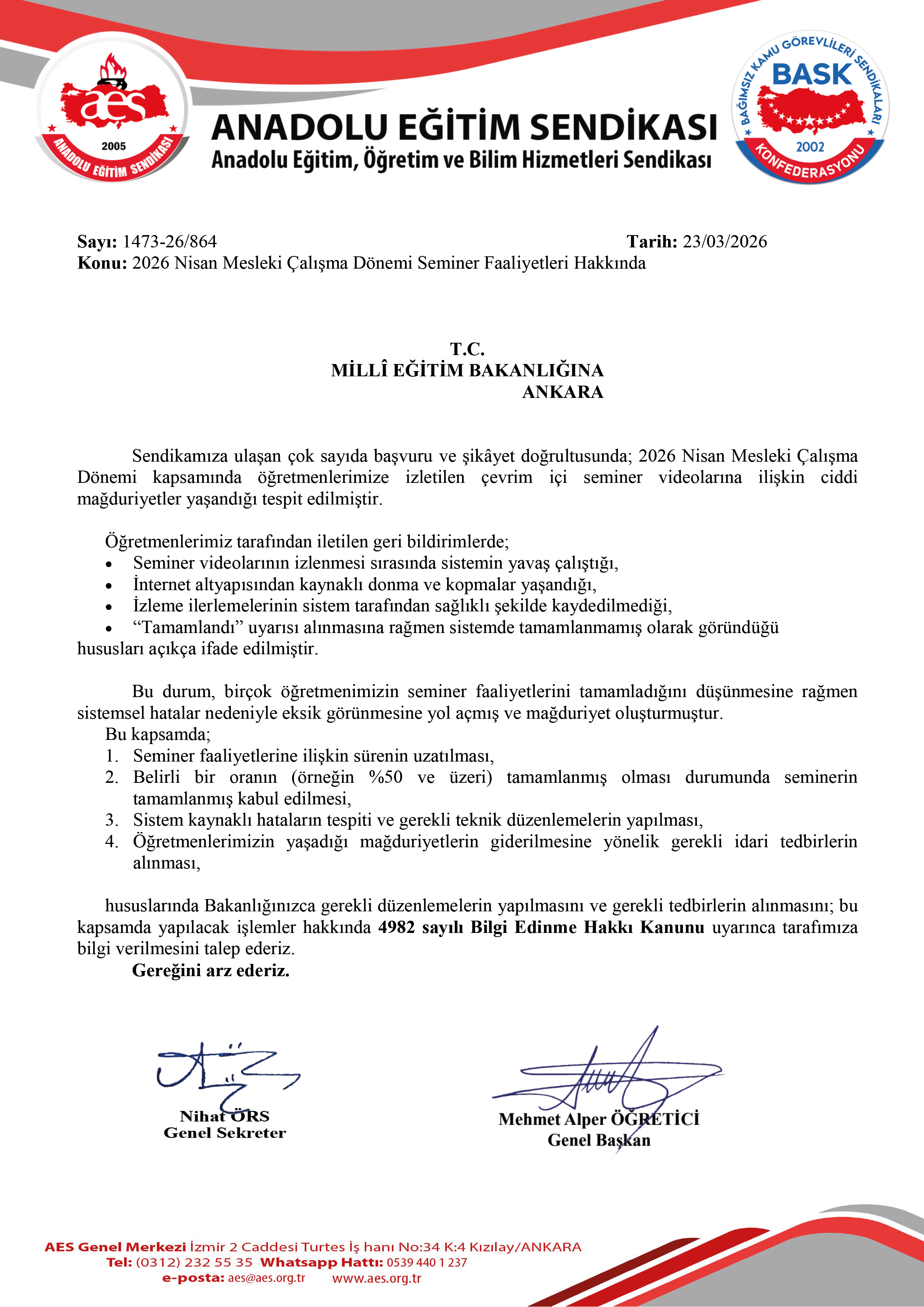 2026 Nisan Mesleki Çalışma Dönemi Seminer Faaliyetleri Hakkında