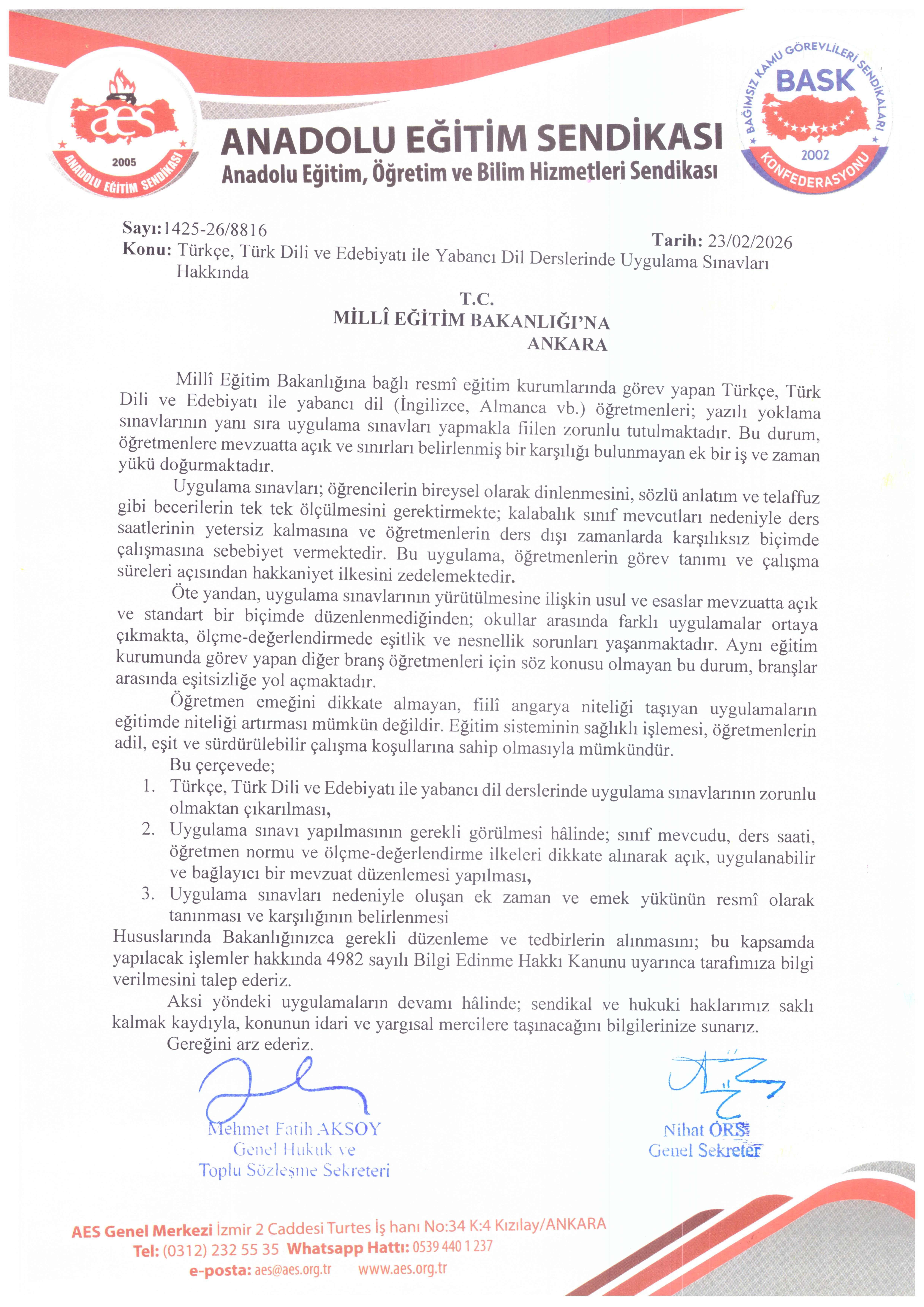 Türkçe, Türk Dili ve Edebiyatı ile Yabancı Dil Derslerinde Uygulama Sınavları  Hakkında