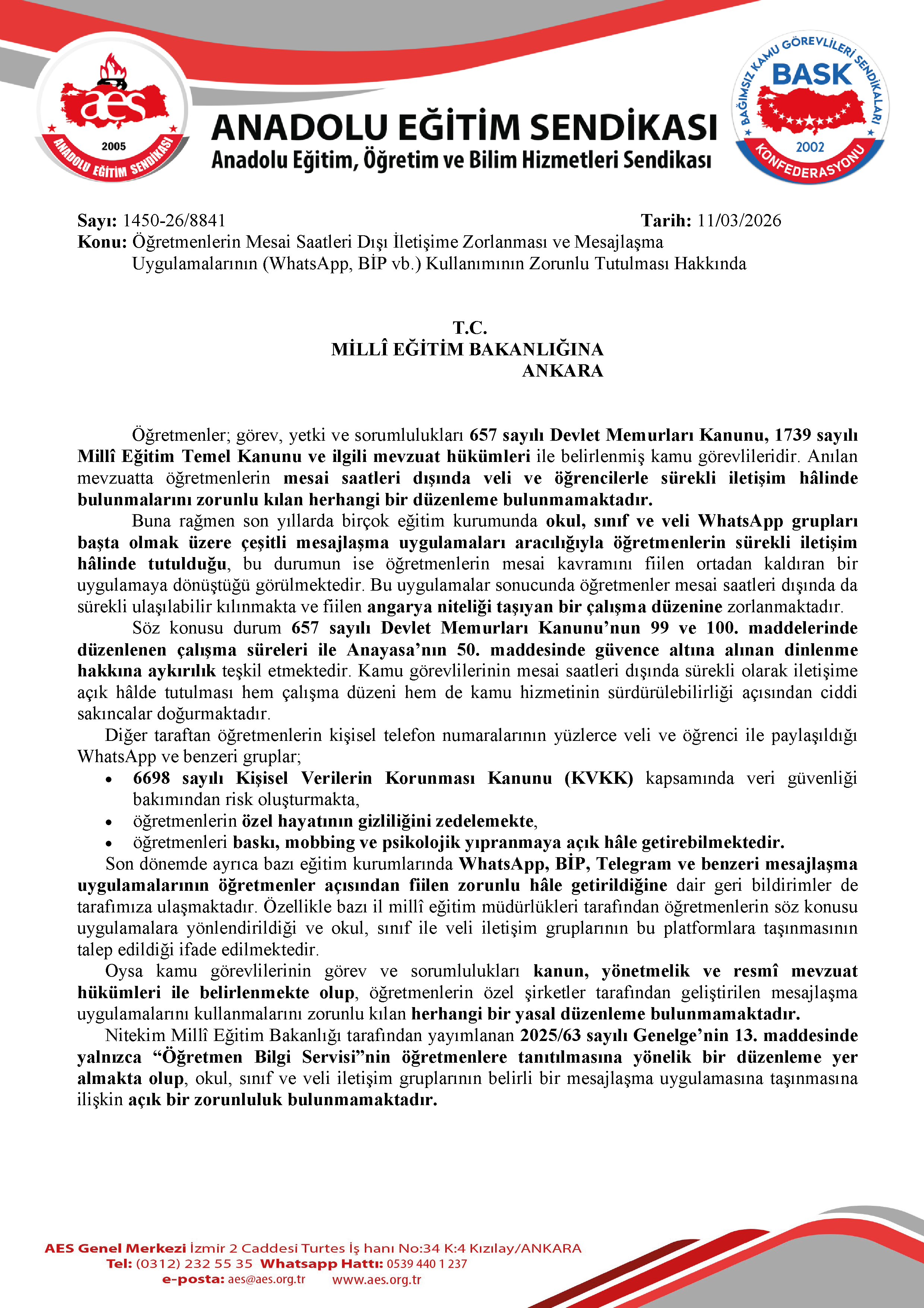 Öğretmenlerin Mesai Saatleri Dışı İletişime Zorlanması ve Mesajlaşma  Uygulamalarının (WhatsApp, BİP vb.) Kullanımının Zorunlu Tutulması Hakkında