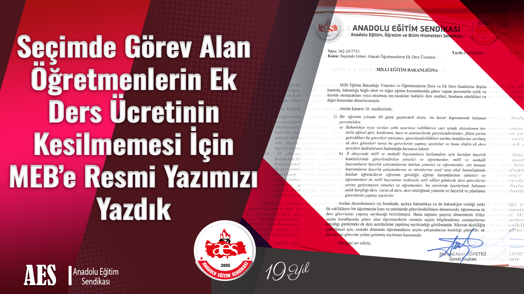 Seçimde Görev Alan Öğretmenlerin Ek Ders Ücretinin Kesilmemesi İçin MEB’e Resmi Yazımızı Yazdık