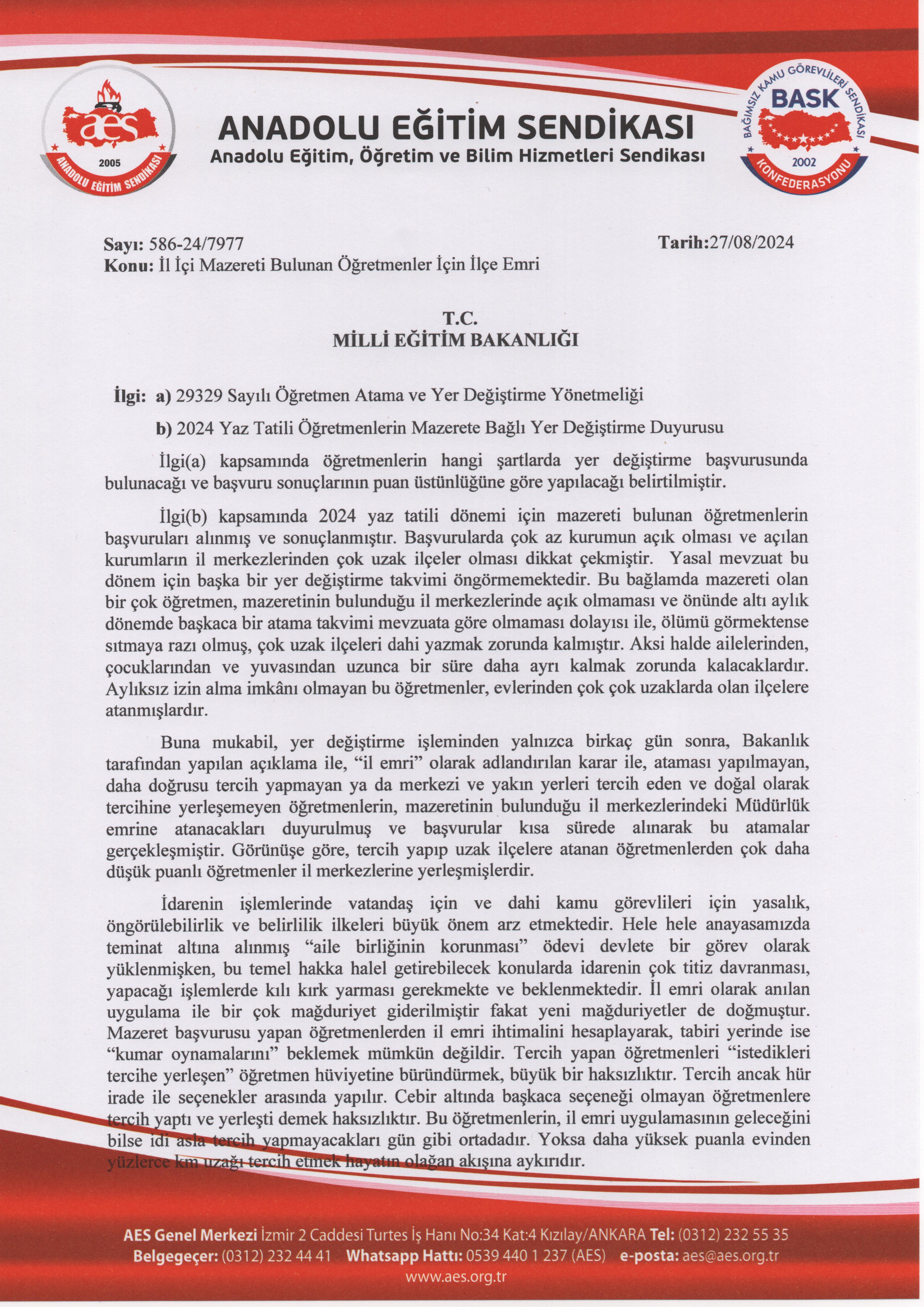 İl İçi Mazereti Bulunan Öğretmenler İçin İlçe Emri  