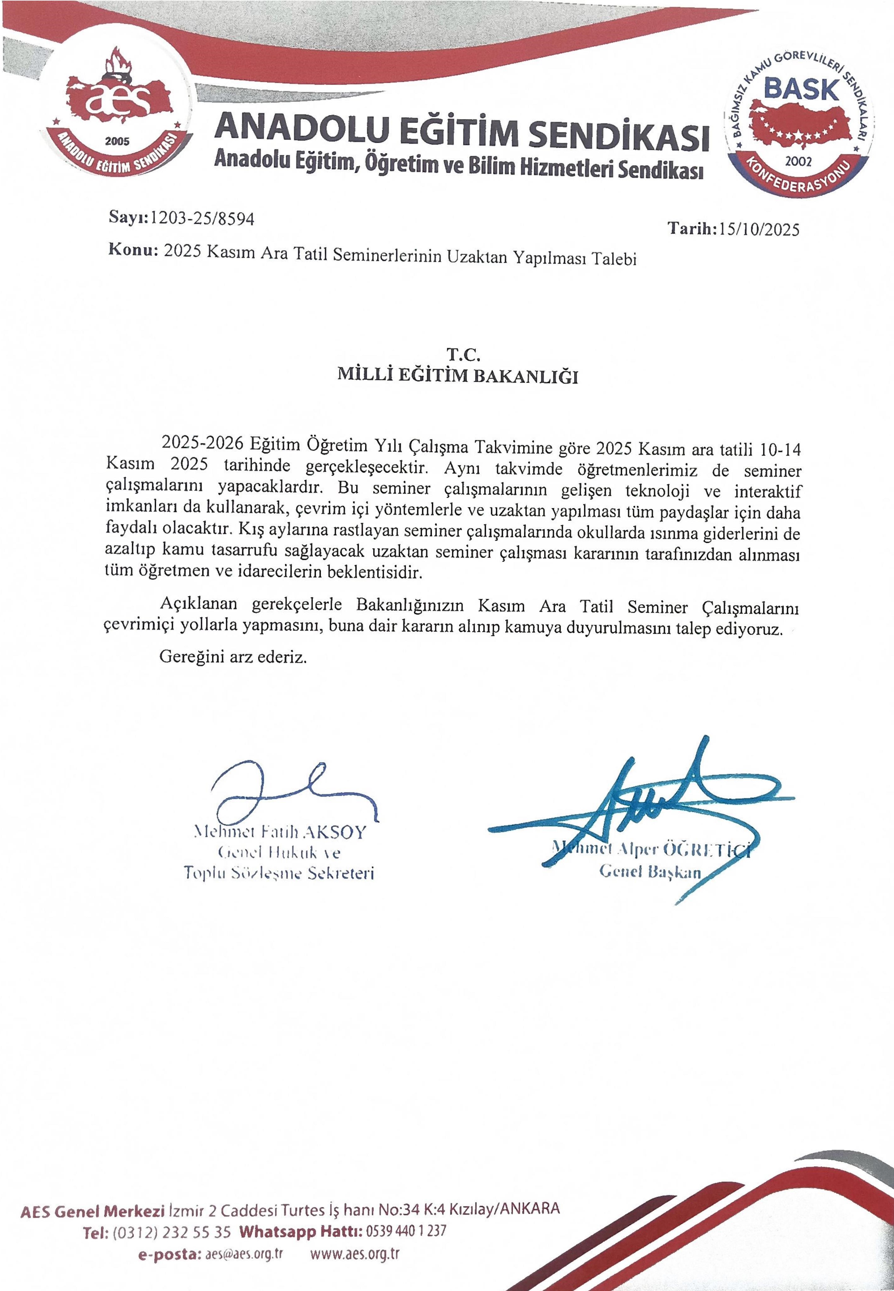 2025 Kasım Ara Tatil Seminerlerinin Uzaktan Yapılması Talebi