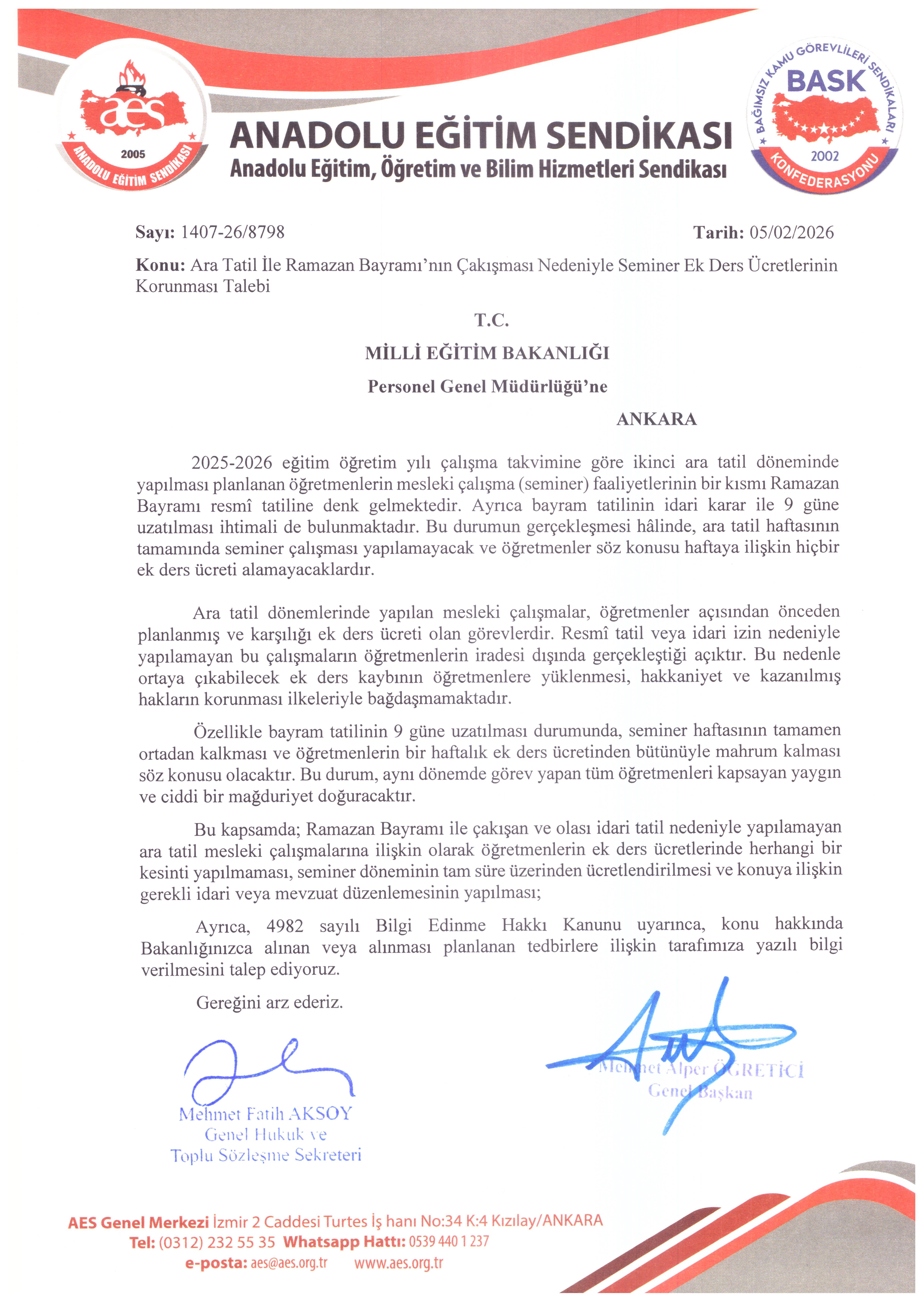 Ara Tatil İle Ramazan Bayramı’nın Çakışması Nedeniyle Seminer Ek Ders Ücretlerinin Korunması Talebi