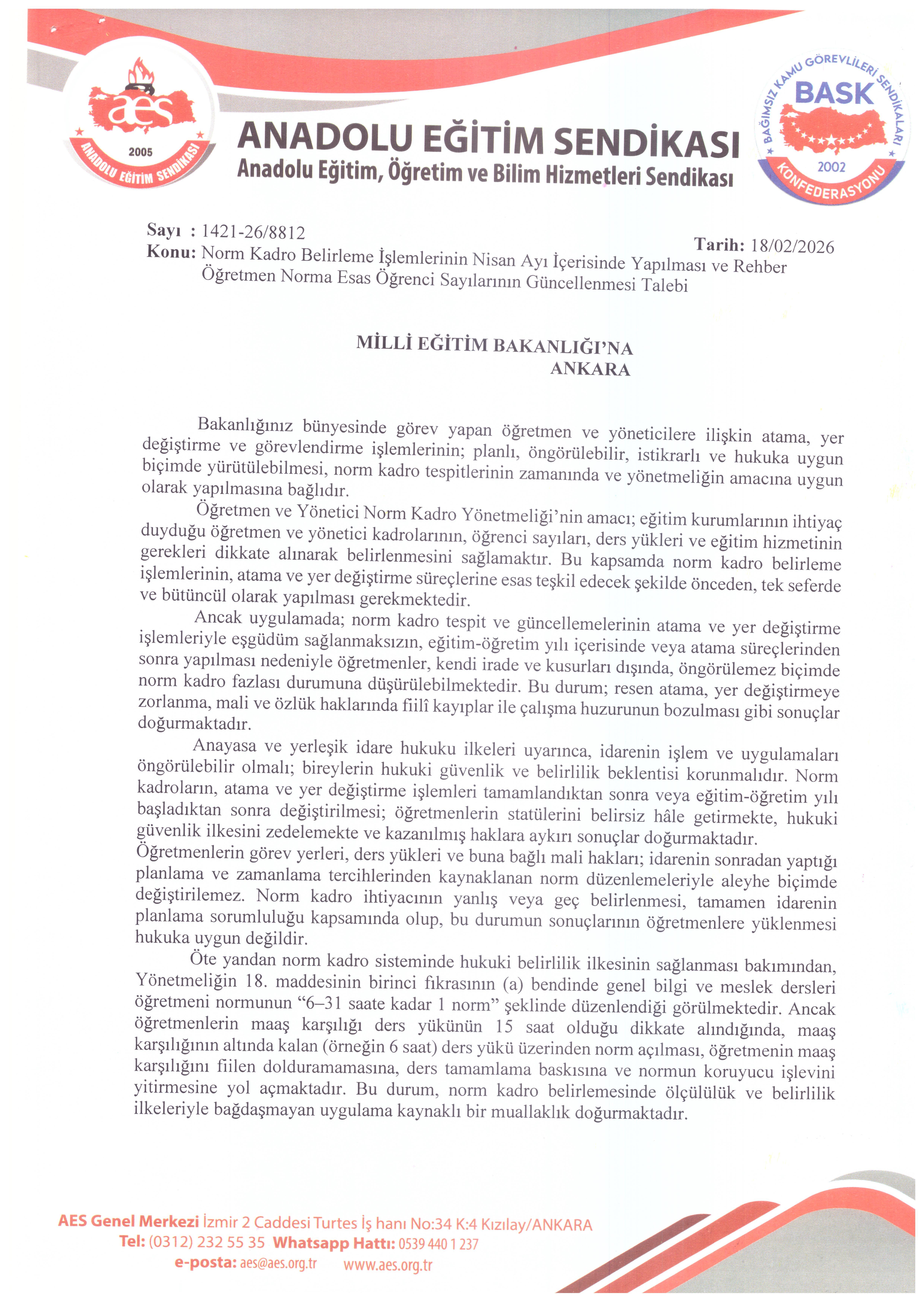 Norm Kadro Belirleme İşlemlerinin Nisan Ayı İçerisinde Yapılması ve Rehber Öğretmen Norma Esas Öğrenci Sayılarının Güncellenmesi Talebi