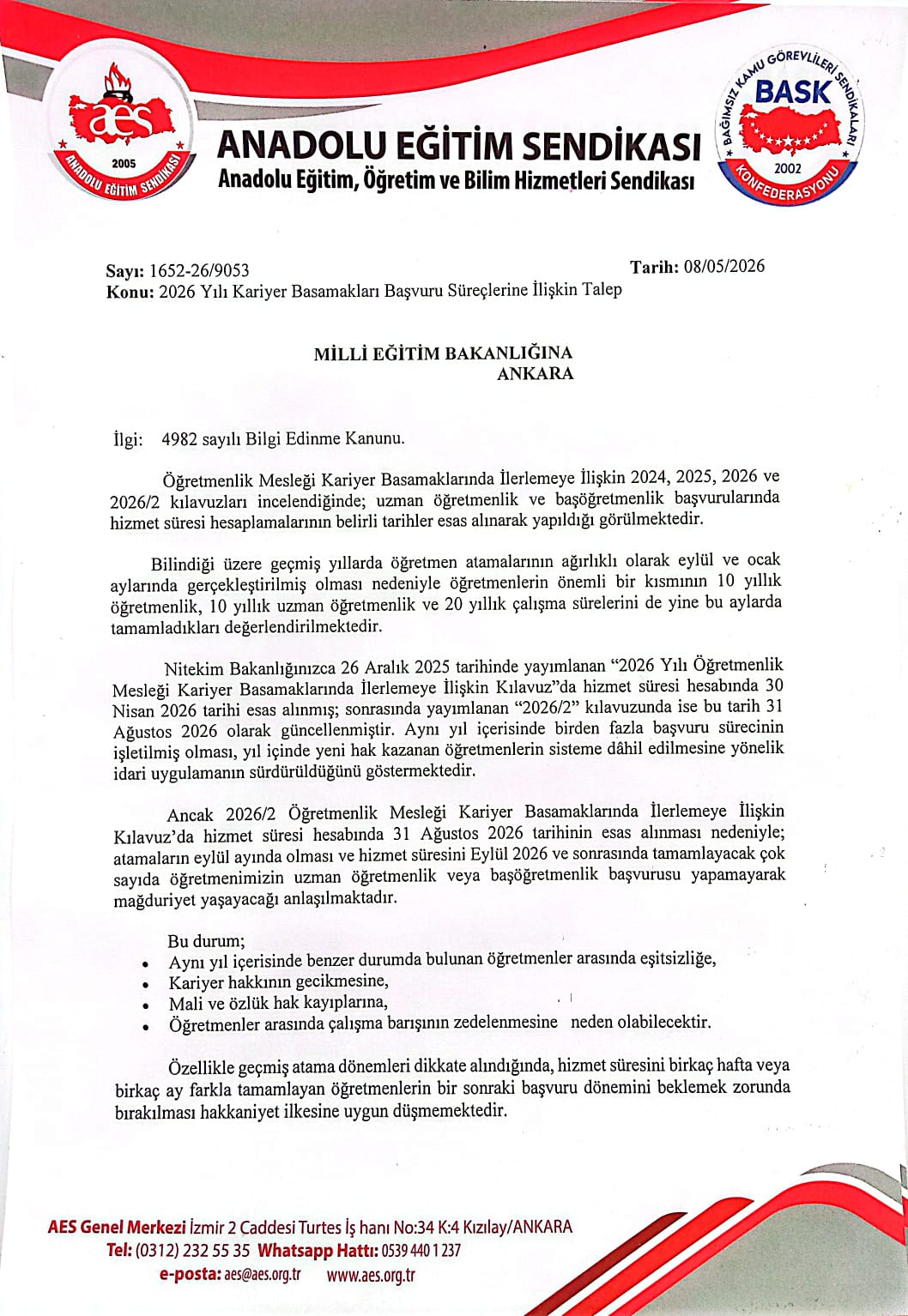  2026 Yılı Kariyer Basamakları Başvuru Süreçlerine İlişkin Talep