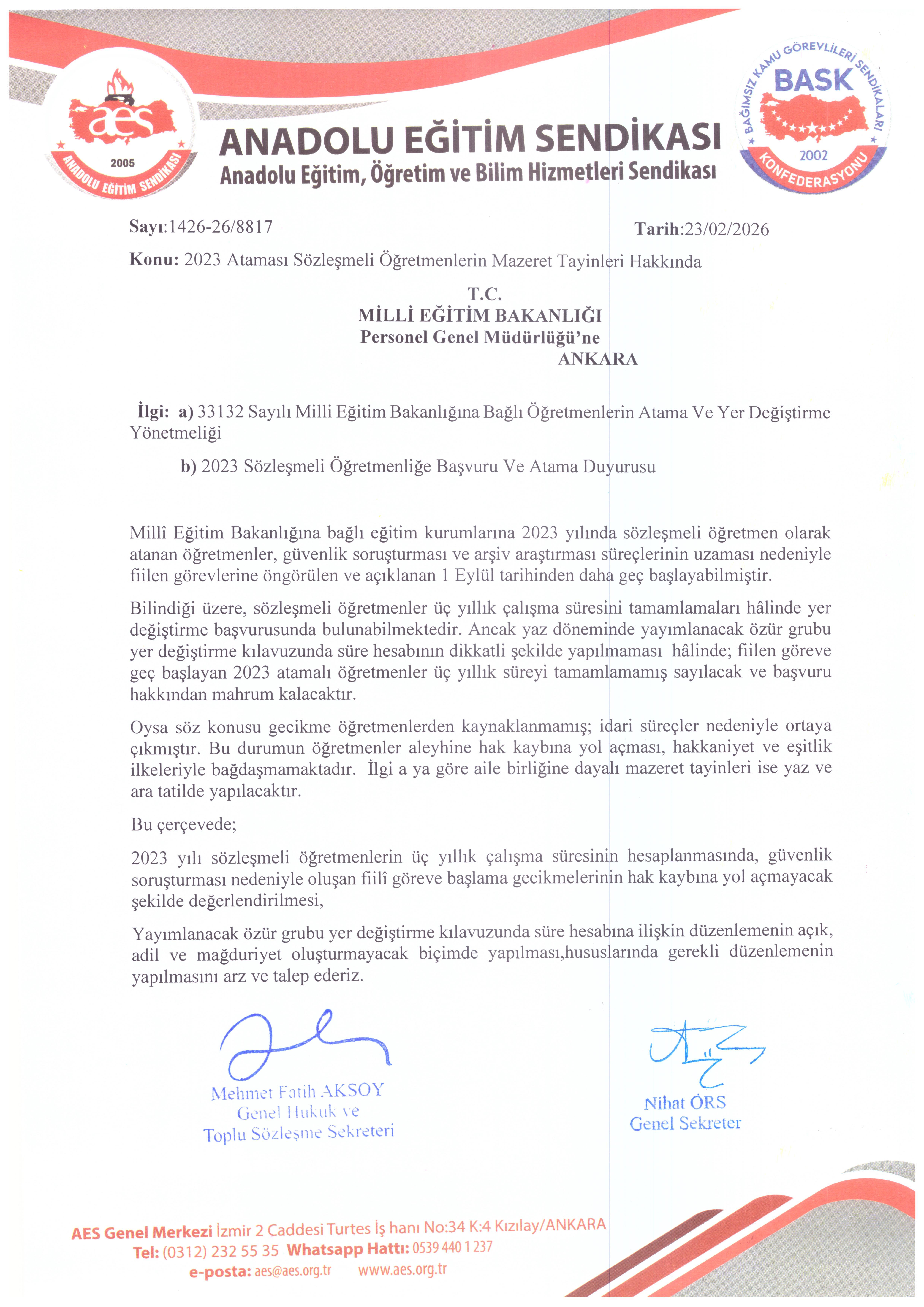 2023 Ataması Sözleşmeli Öğretmenlerin Mazeret Tayinleri Hakkında
