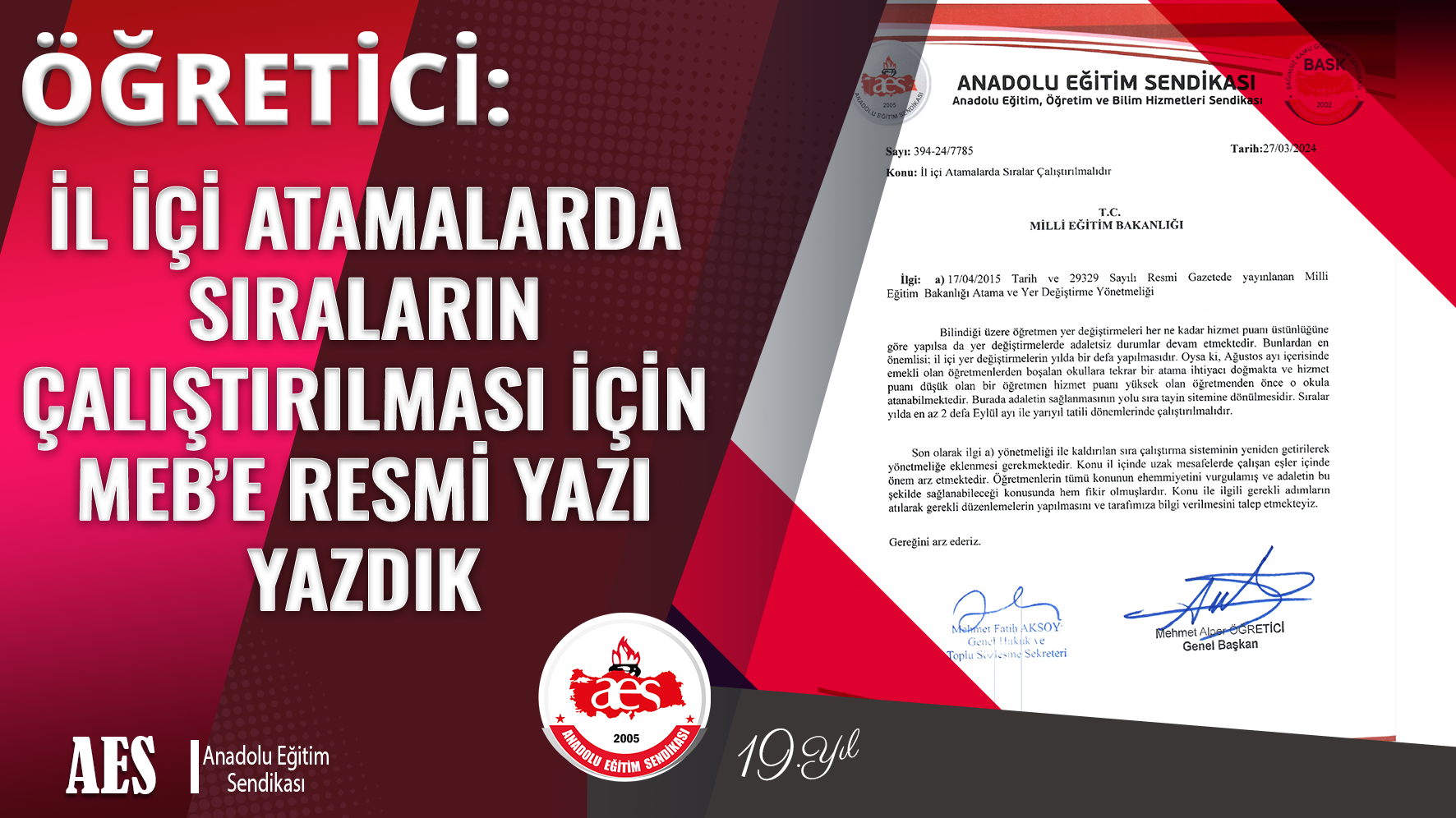 İL İÇİ ATAMALARDA SIRALARIN ÇALIŞTIRILMASI İÇİN MEB’E RESMİ YAZI YAZDIK