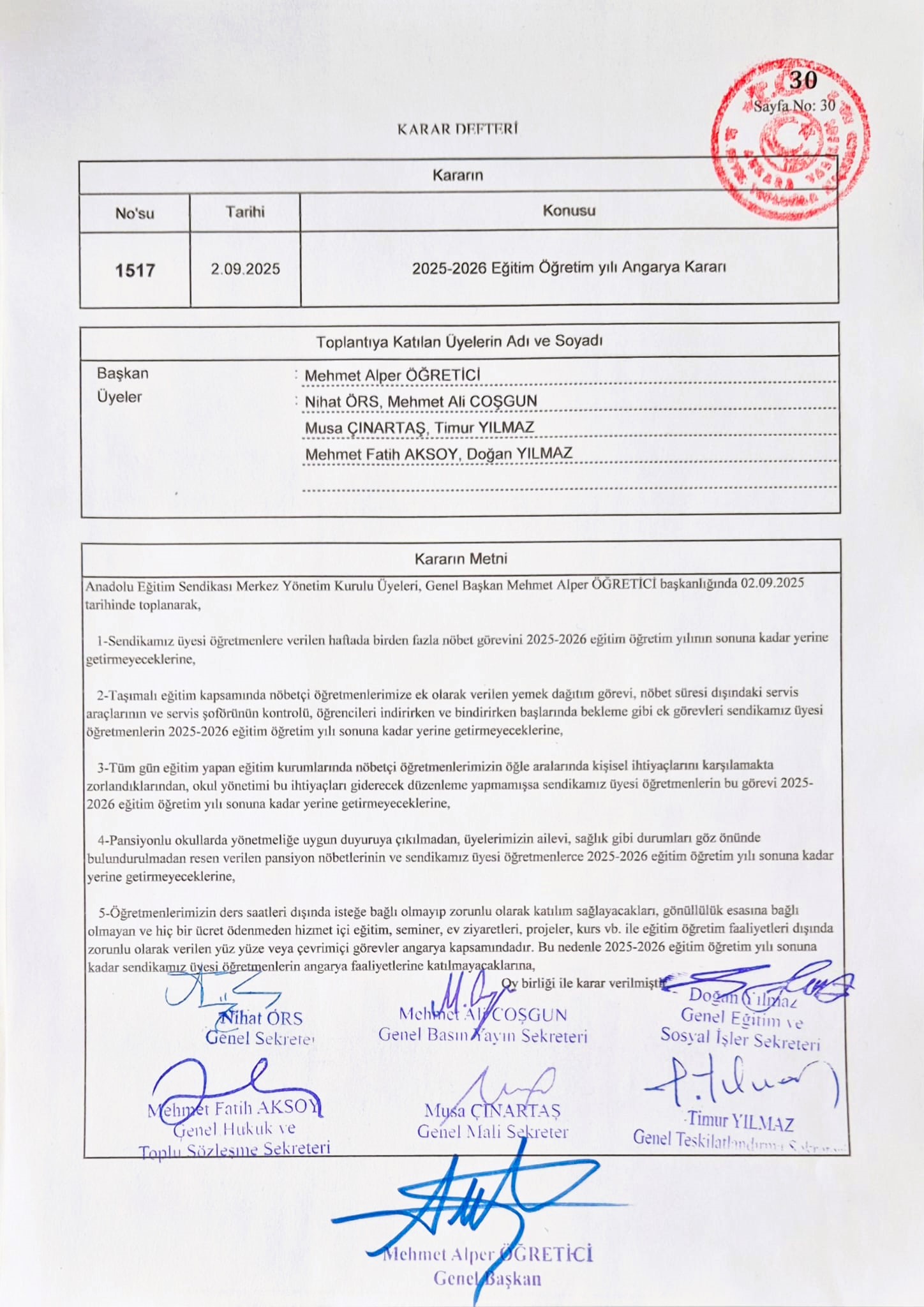 2025-2026 EĞİTİM ÖĞRETİM YILI ANGARYA KARARI