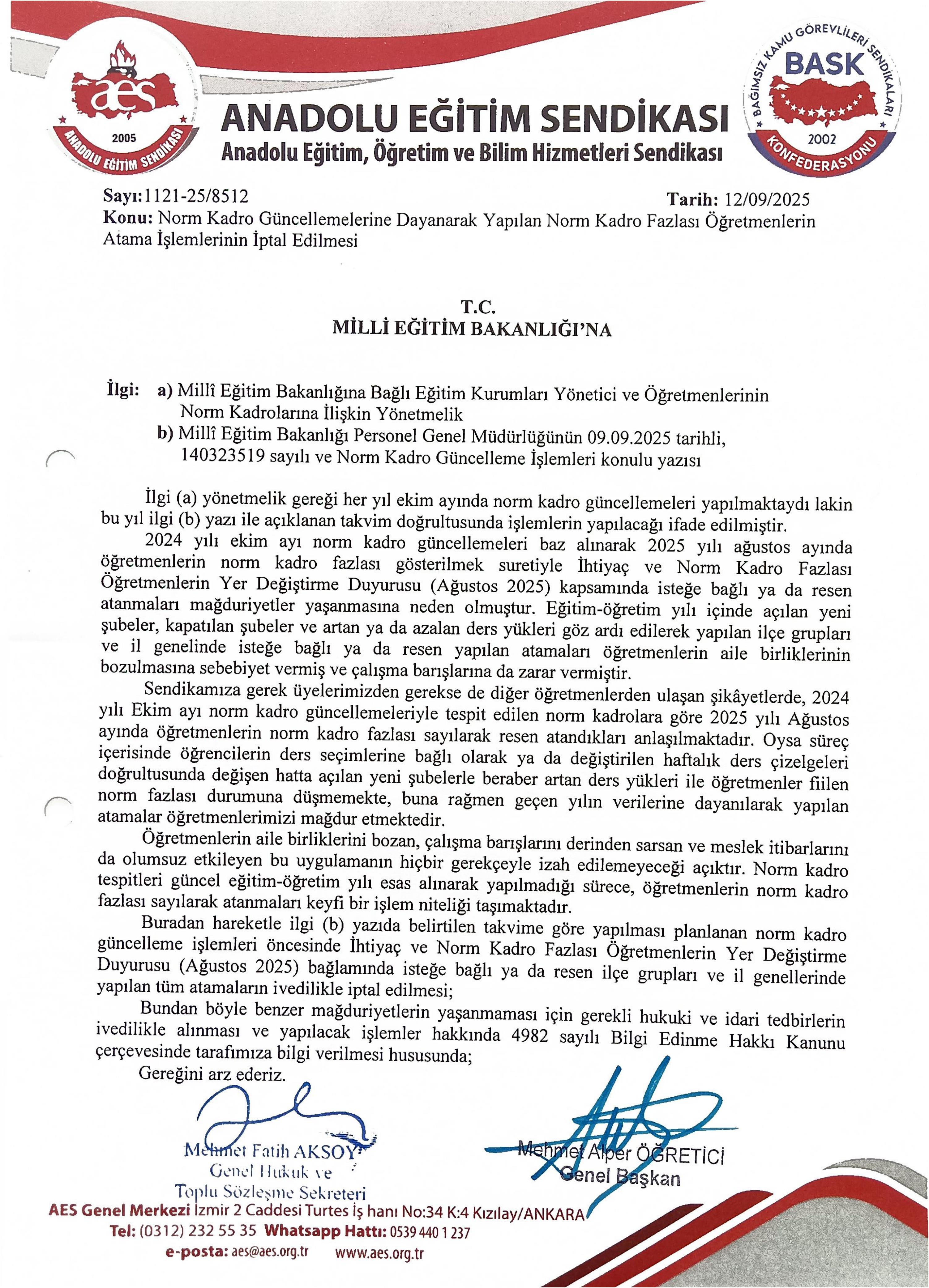 Norm Kadro Güncellemelerine Dayanarak Yapılan Norm Kadro Fazlası Öğretmenlerin  Atama İşlemlerinin İptal Edilmesi