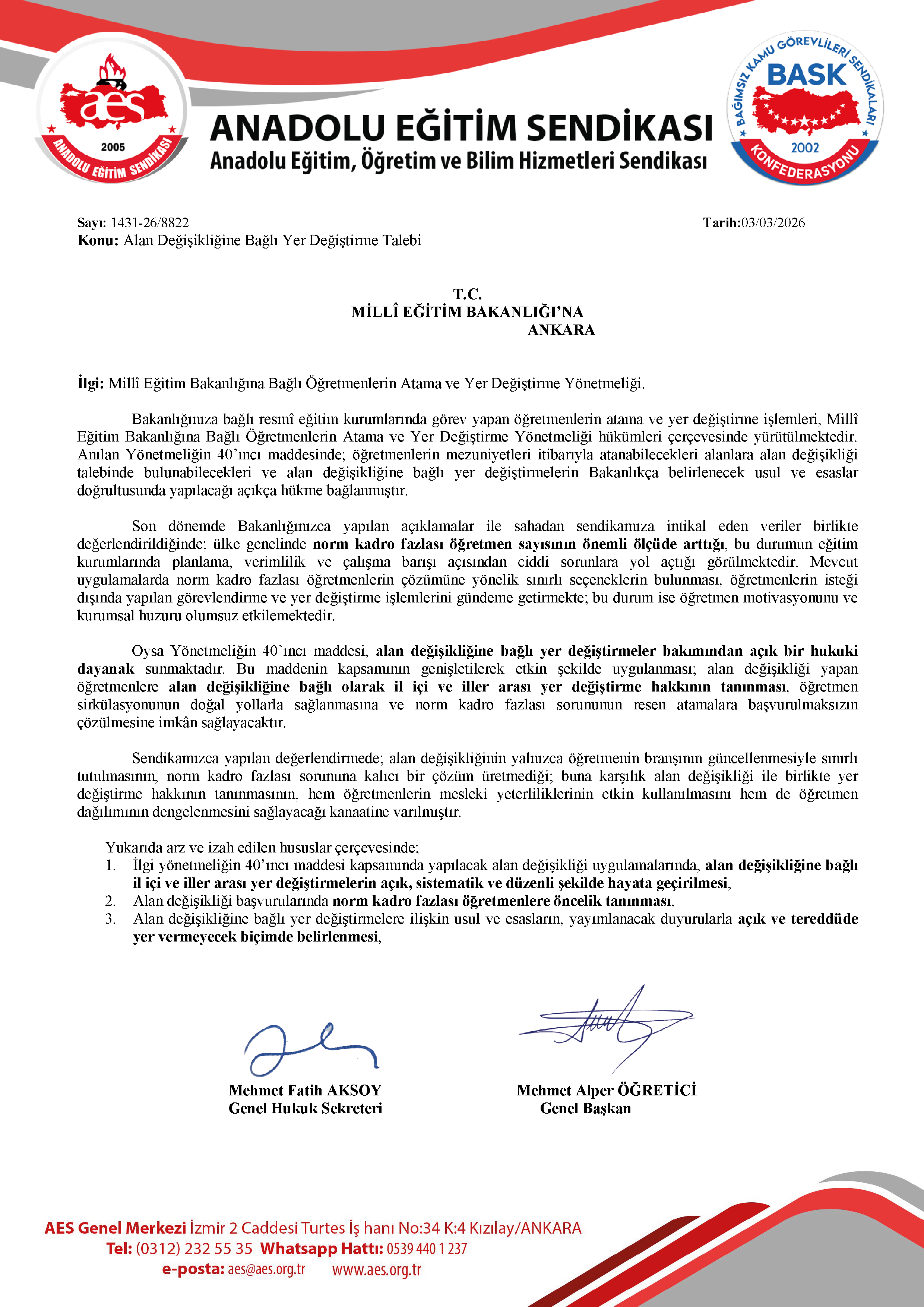 Alan Değişikliğine Bağlı Yer Değiştirme Talebi