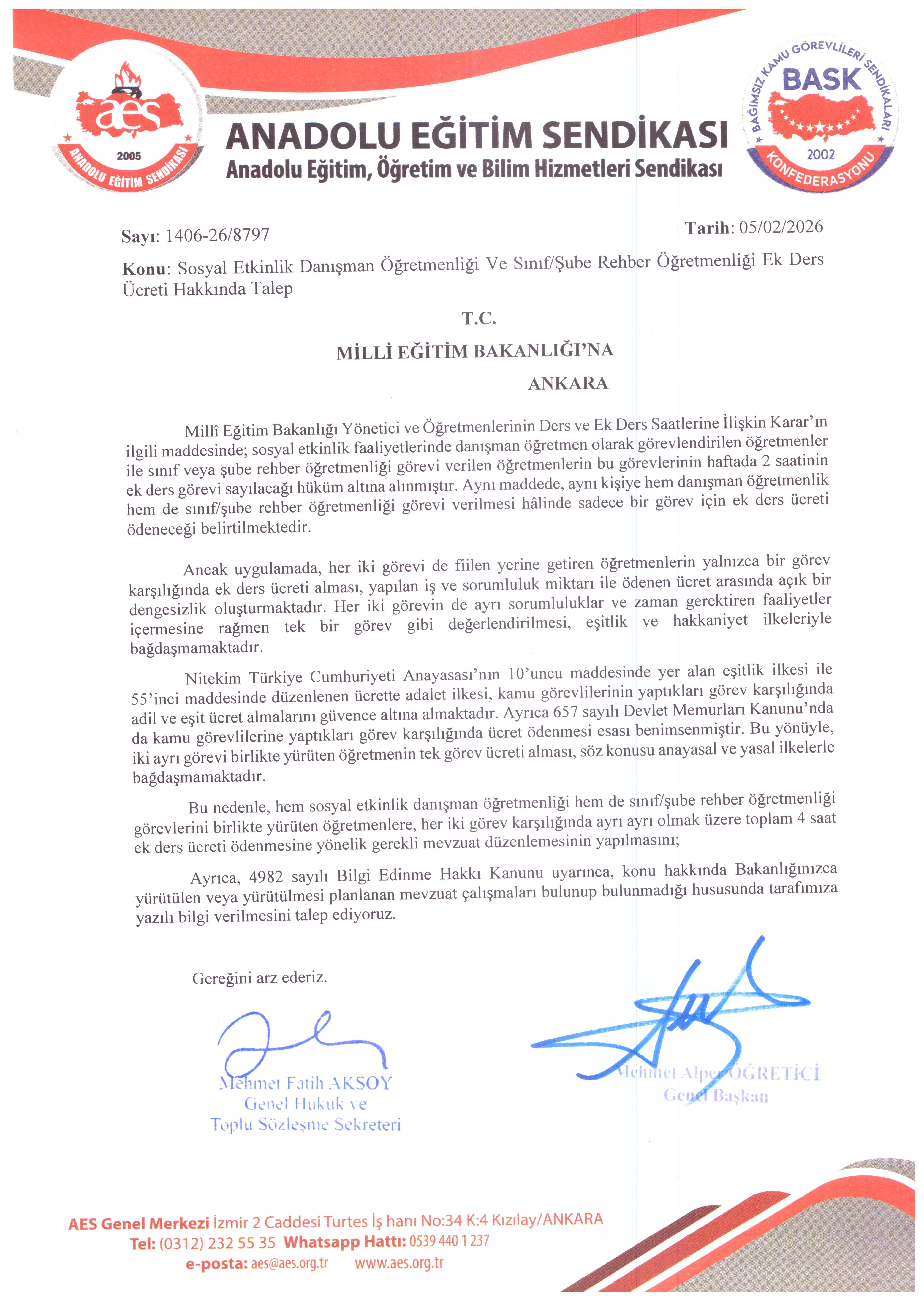 Sosyal Etkinlik Danışman Öğretmenliği Ve Sınıf/Şube Rehber Öğretmenliği Ek Ders Ücreti Hakkında Talep