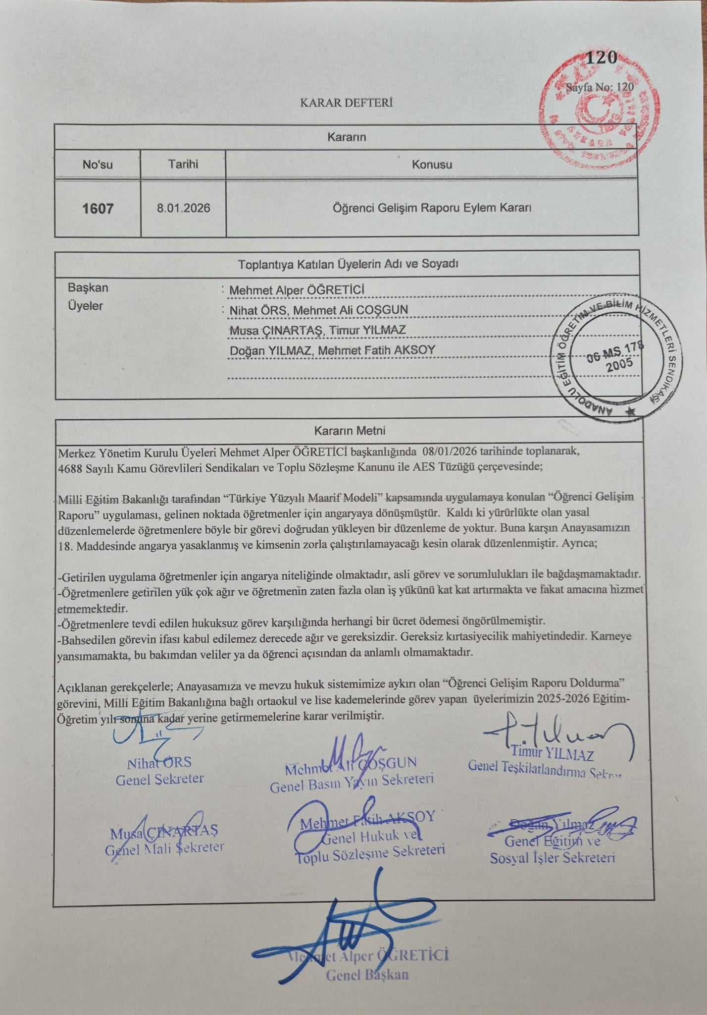 Öğrenci Gelişim Raporu Eylem Kararı  