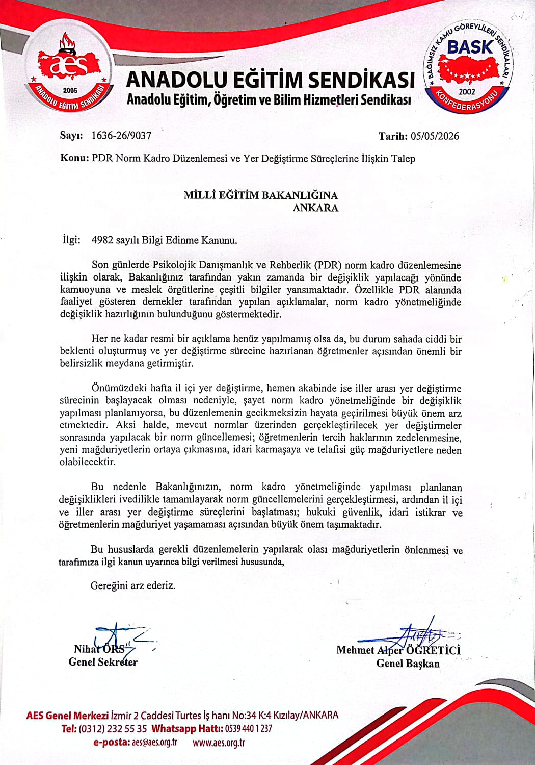 AES’ten MEB’e PDR Norm Kadro Düzenlemesi Talebi