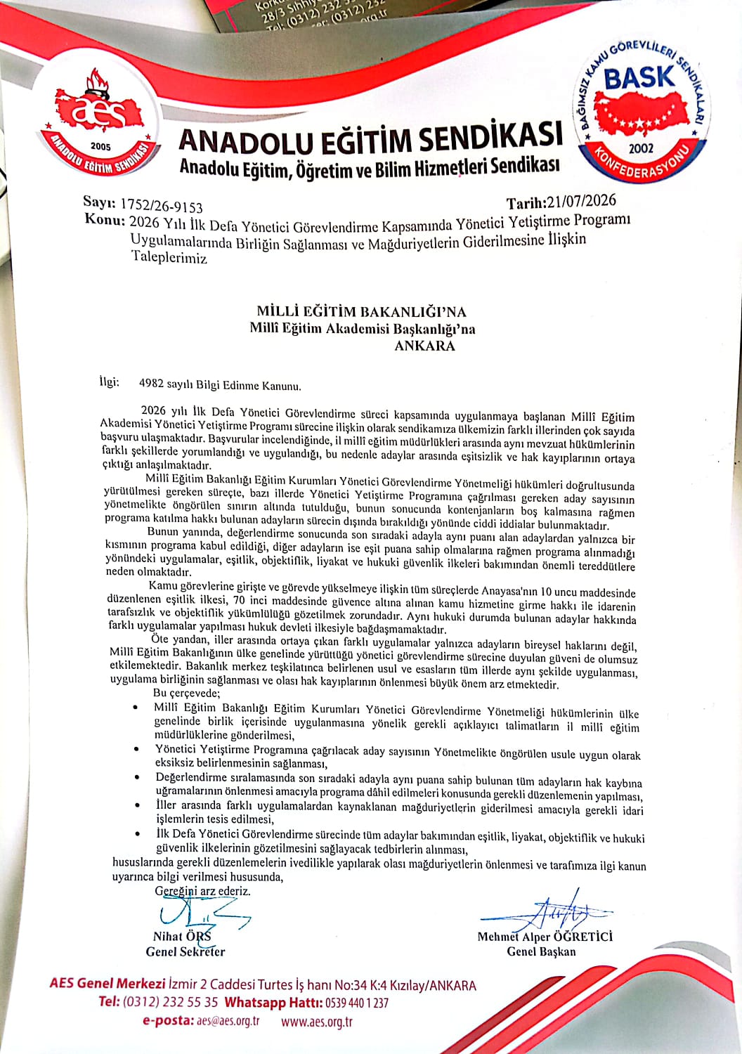 MEB'E İLK DEFA YÖNETİCİ GÖREVLENDİRME SÜRECİNDE YAŞANAN UYGULAMA FARKLILIKLARININ DÜZELTİLMESİ İÇİN BAŞVURU YAPTIK