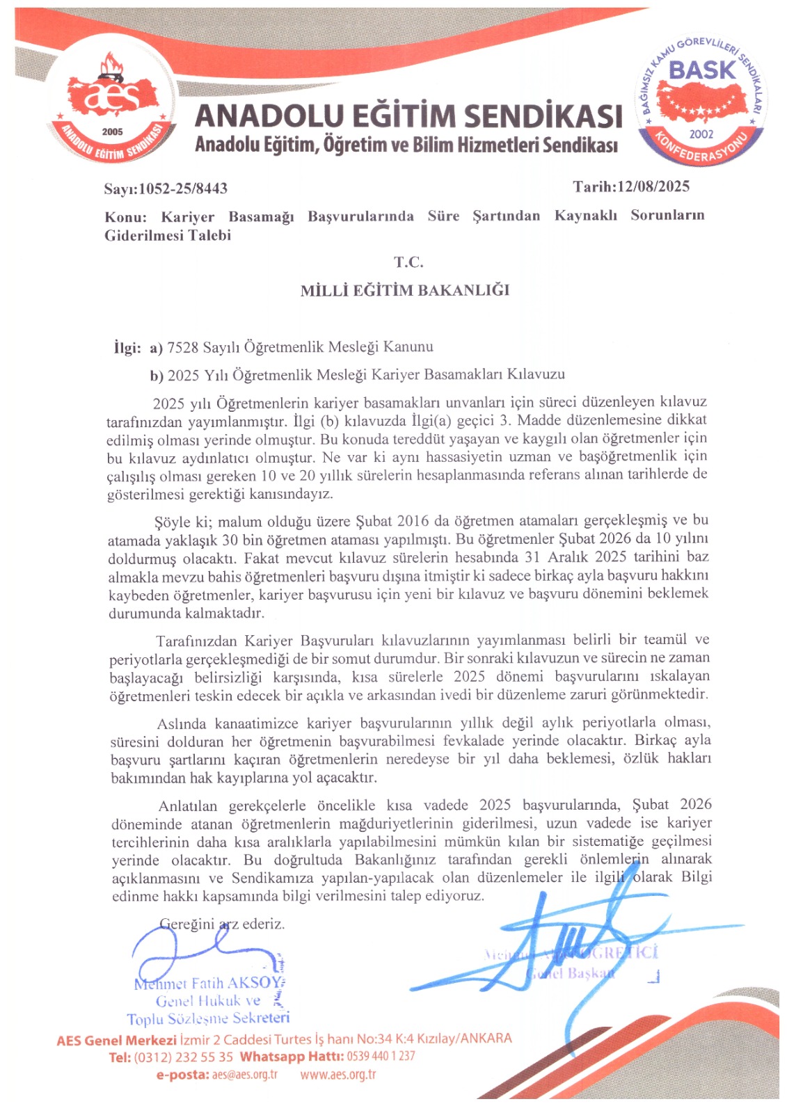 Kariyer Basamağı Başvurularında Süre Şartından Kaynaklı Sorunların Giderilmesi Talebi