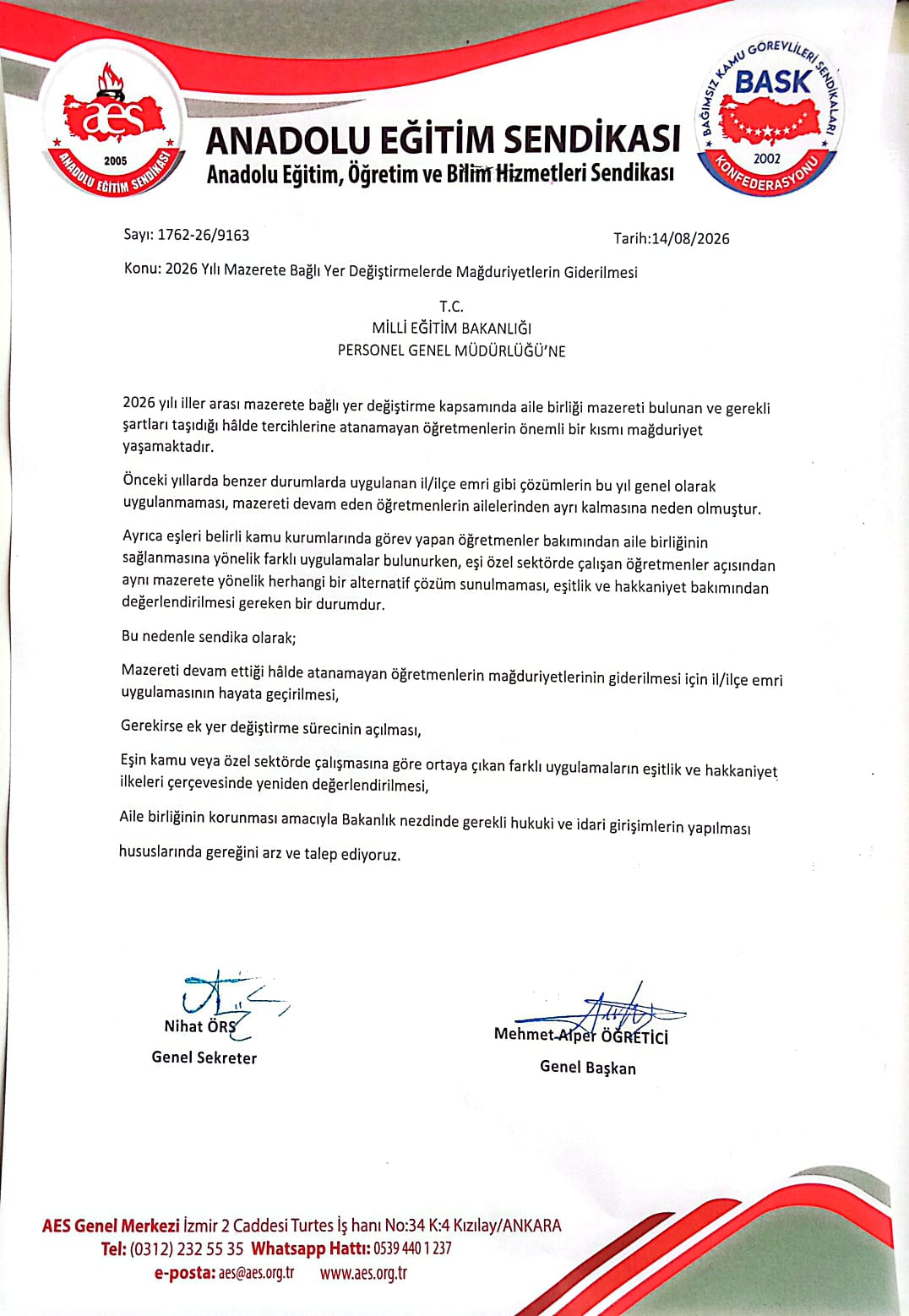 MAZERET TAYİNLERİNDE MAĞDURİYETLERİN GİDERİLMESİNİ TALEP ETTİK