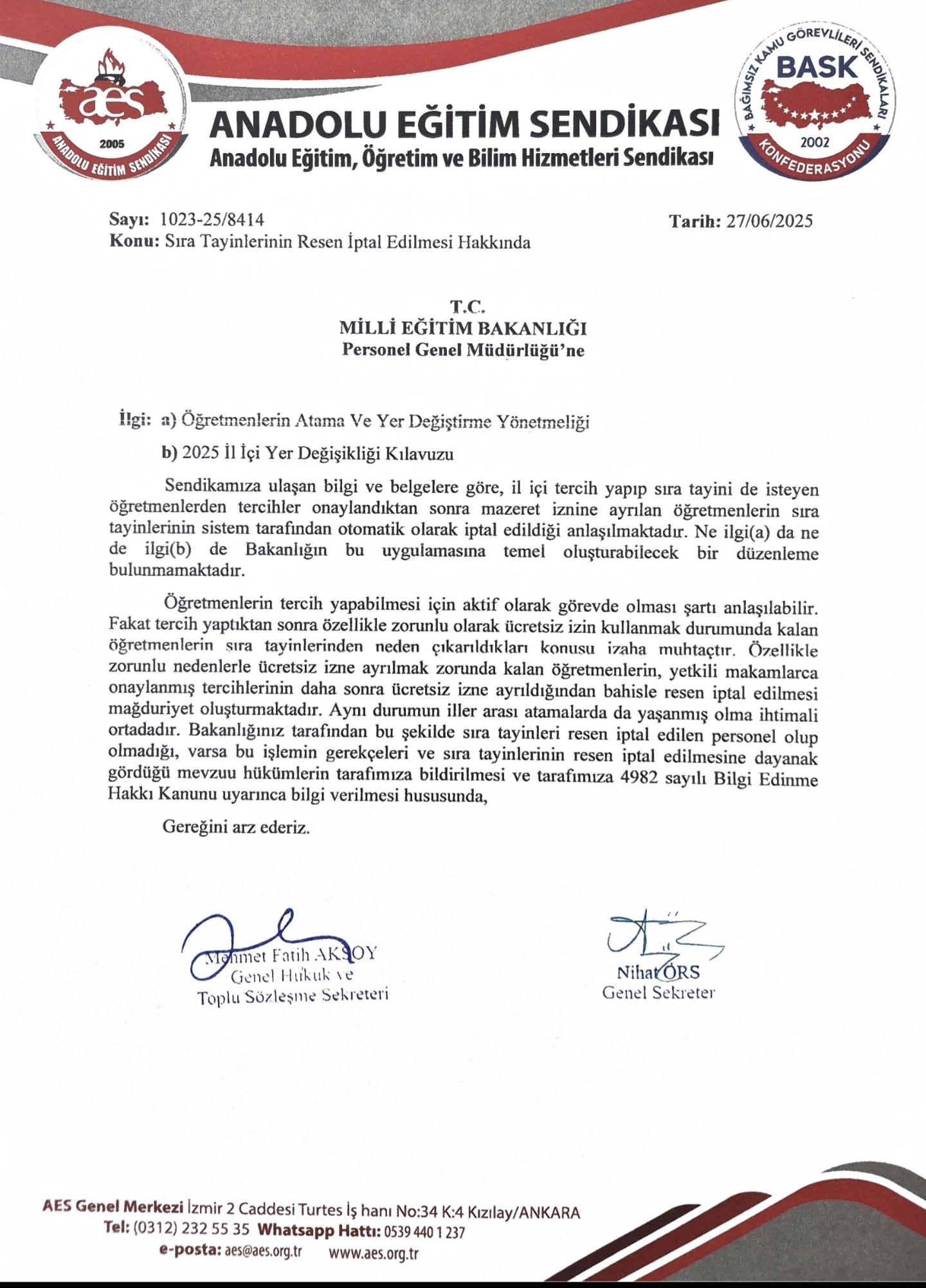 Sıra Tayinlerinin Resen İptal Edilmesi Hakkında