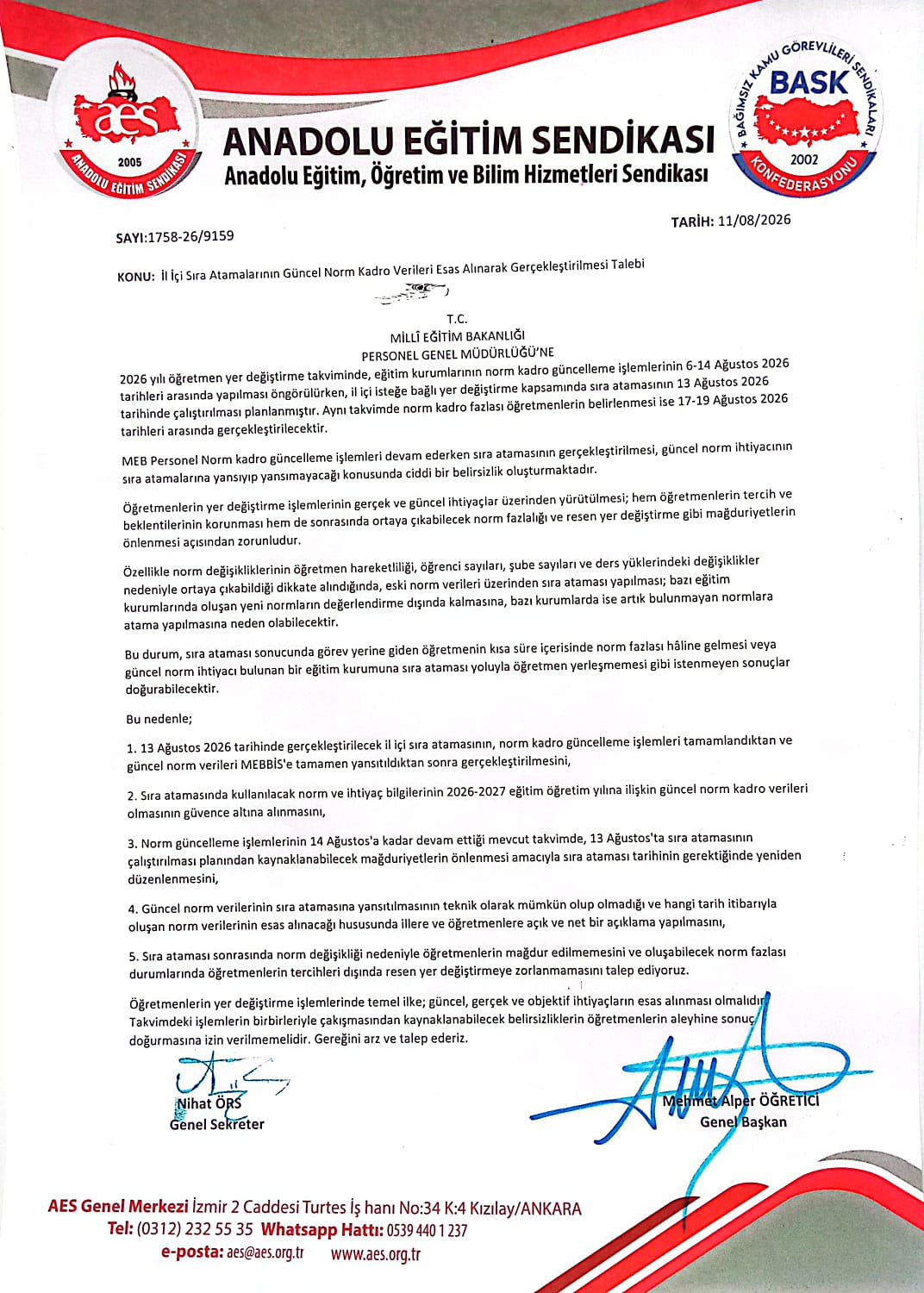 İL İÇİ SIRA ATAMALARINDA GÜNCEL NORM VERİLERİNİN ESAS ALINMASI İÇİN MEB’DEN TALEPTE BULUNDUK