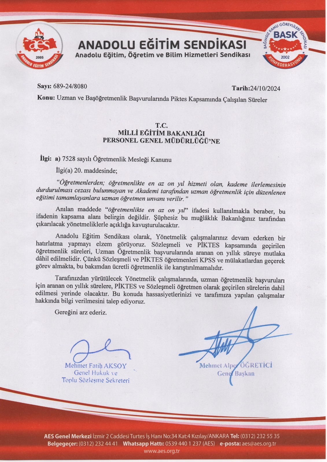 Uzman ve Başöğretmenlik Başvurularında Piktes Kapsamında Çalışılan Süreler