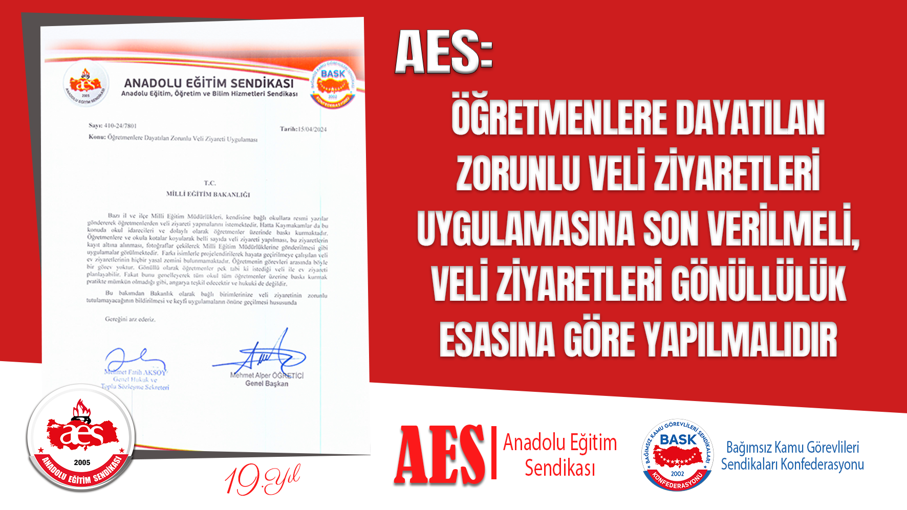 AES: ÖĞRETMENLERE DAYATILAN ZORUNLU VELİ ZİYARETLERİ UYGULAMASINA SON VERİLMELİ, VELİ ZİYARETLERİ GÖNÜLLÜLÜK ESASINA GÖRE YAPILMALIDIR