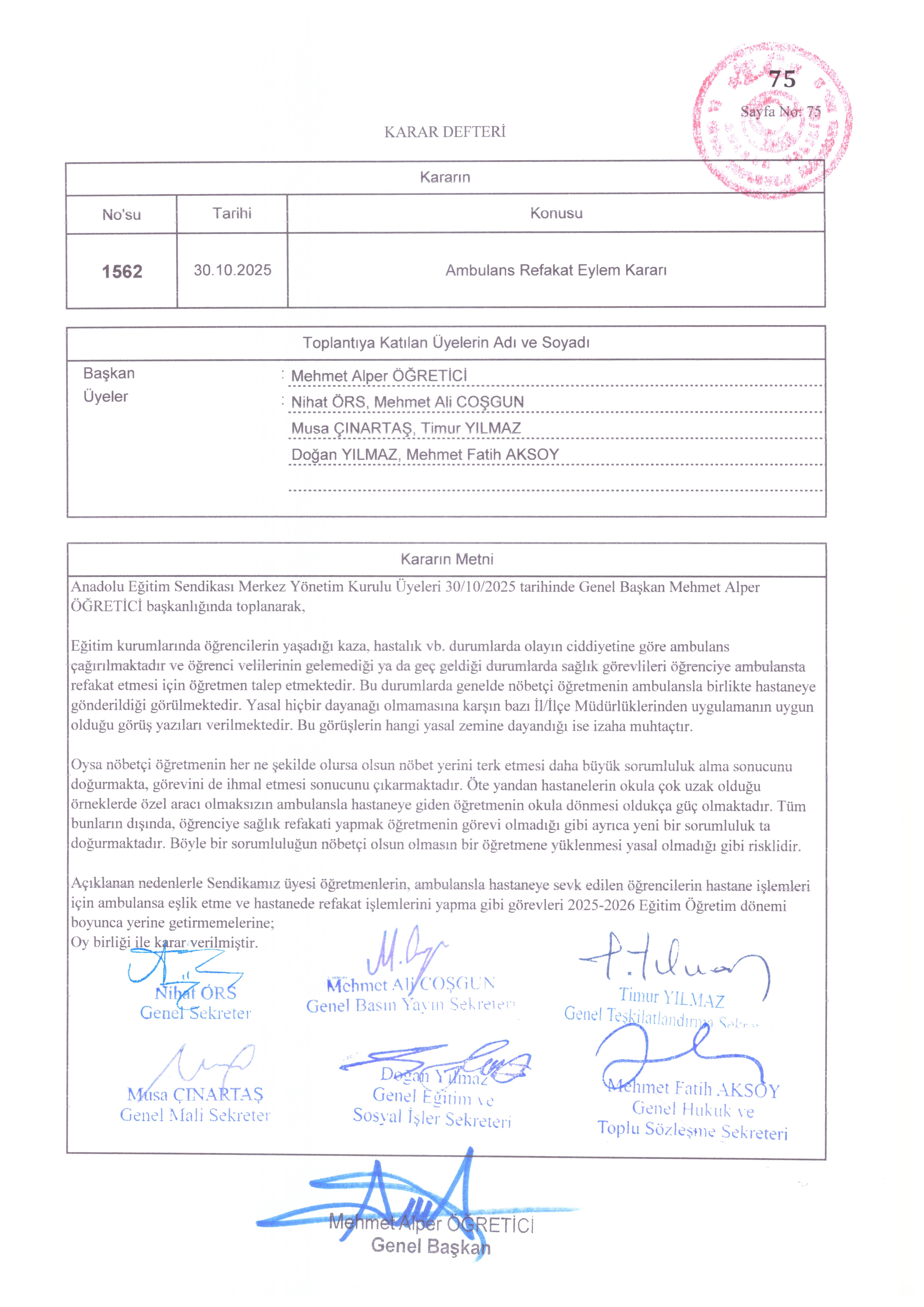 Ambulans Refakat Eylem Kararı