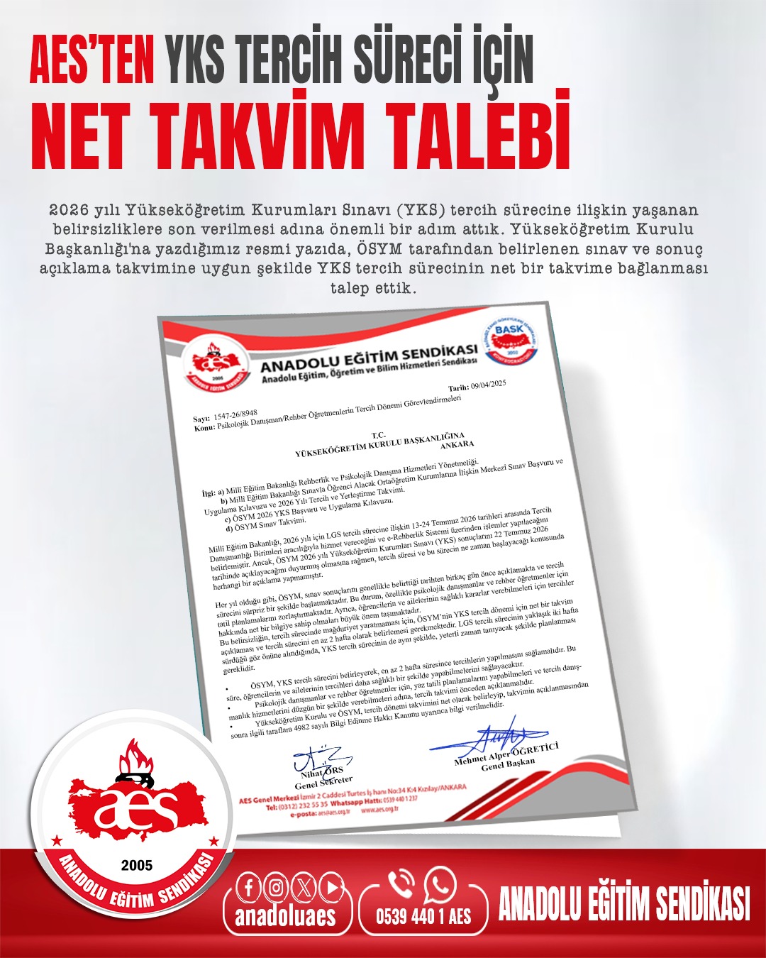 AES’TEN YKS TERCİH SÜRECİ İÇİN NET TAKVİM TALEBİ