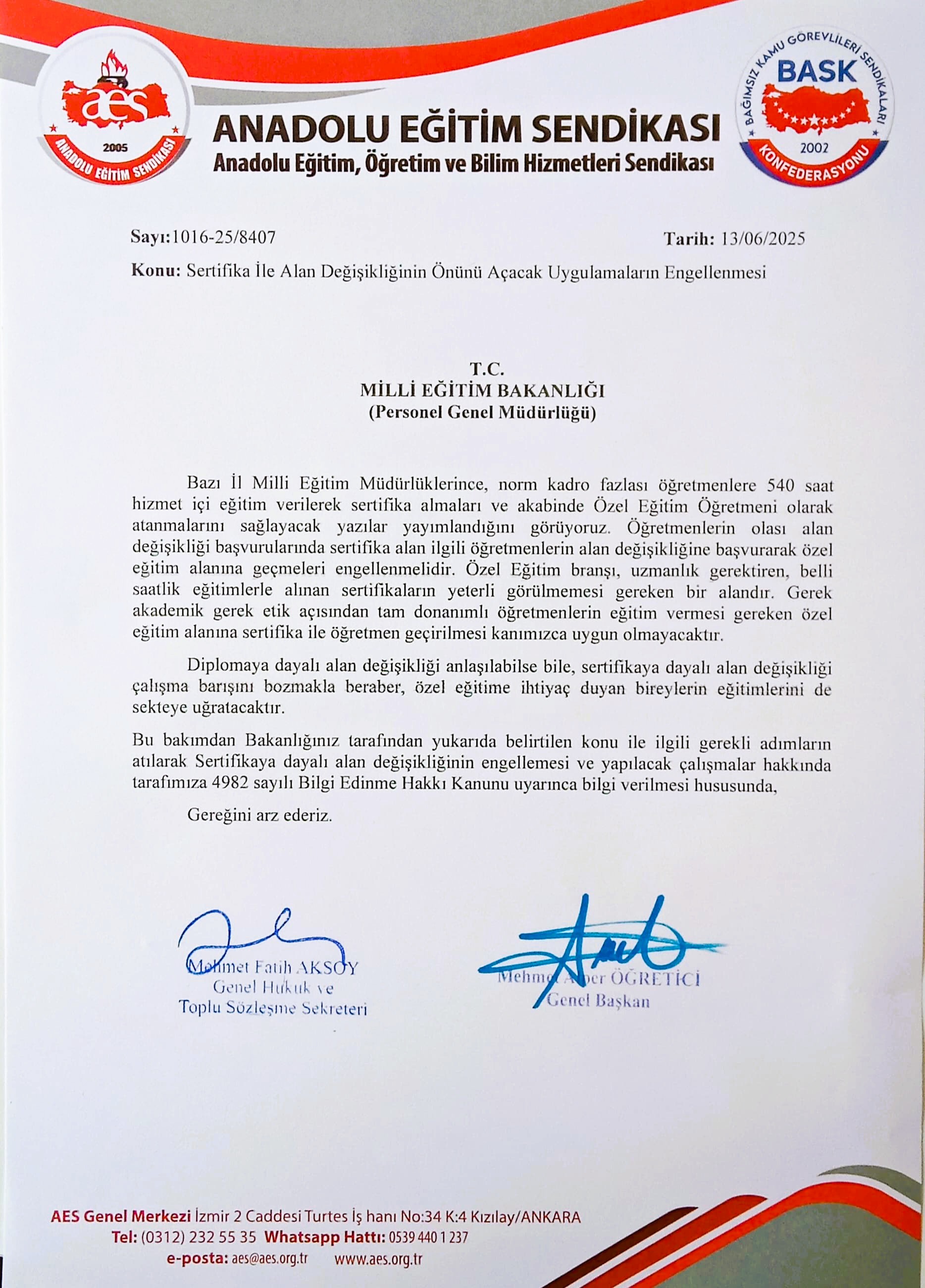 Sertifika İle Alan Değişikliğinin Önünü Açacak Uygulamaların Engellenmesi